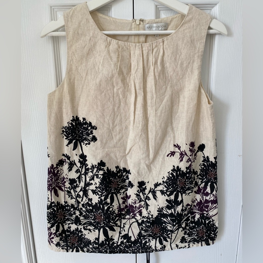 RJR John Rocha  Cream Sleeveless Linen Blend Print top Beading zip back lined